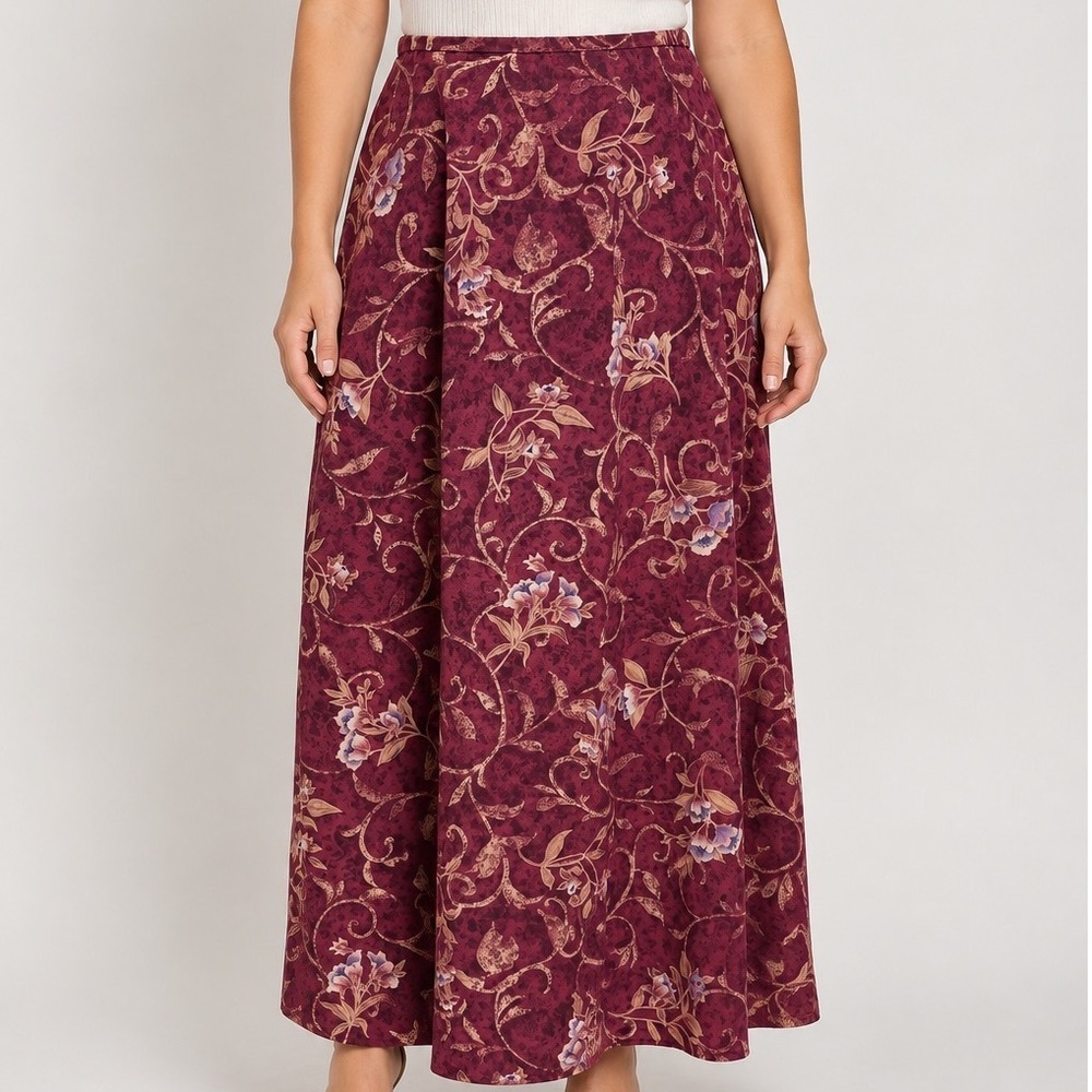 Vintage Floral Maxi Skirt Womens 10 Burgundy Romantic Boho 90s Made USA Long